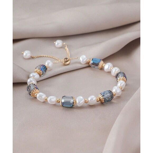 Pearl & Blue Beaded Tassel Bracelet Vtg Style Adjustable Gold Fashion Crystal - Picture 1 of 3